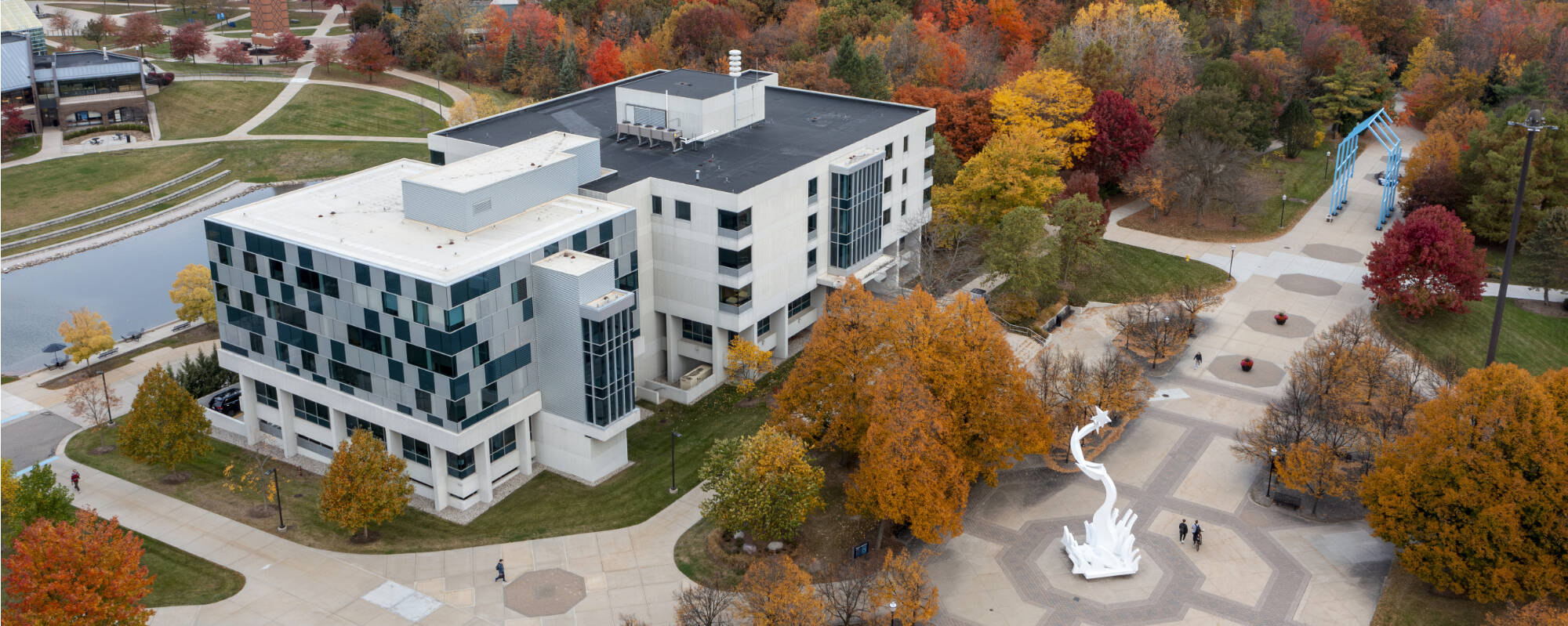 Zumberge Hall and Great Lakes Plaza with fall colors on Oct. 23.